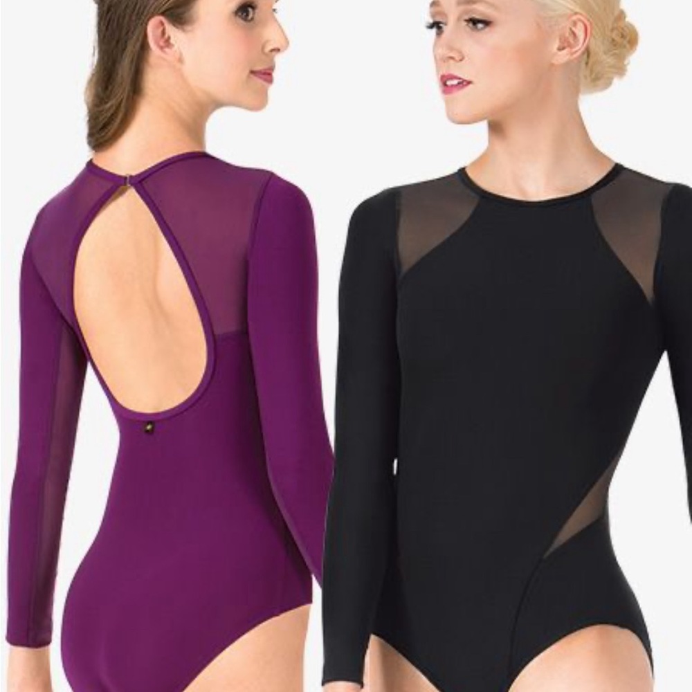 "Thea" Mesh Insert Long Sleeve Leotard